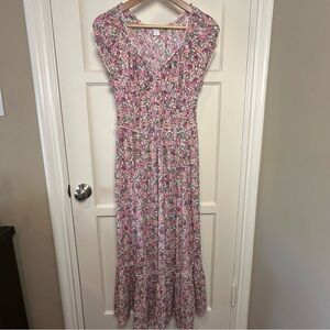 Old Navy Floral Smocked Waist Cap Sleeve Maxi Dress - Pink Orange Green Size XS